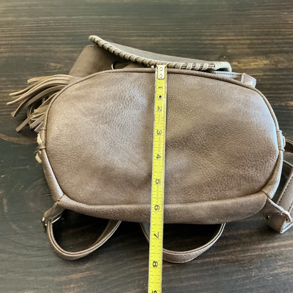 Brown Faux Leather Mini Backpack Tassel Whipstitch Boho Drawstring Bag